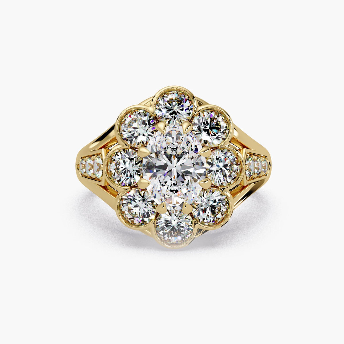 Oval lab grown diamond cluster ring in 14K yellow gold / Oval center surrounded by eight round diamonds / Scalloped floral halo and pavé diamond shoulders