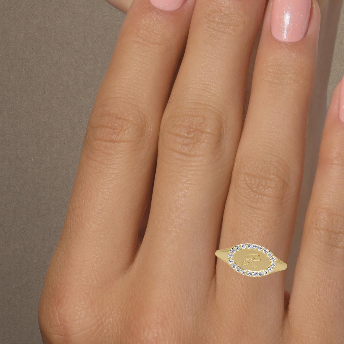 Initial Signet Ring With Natural Diamond in 14K Solid Gold, Diamond Initial Pinky Ring