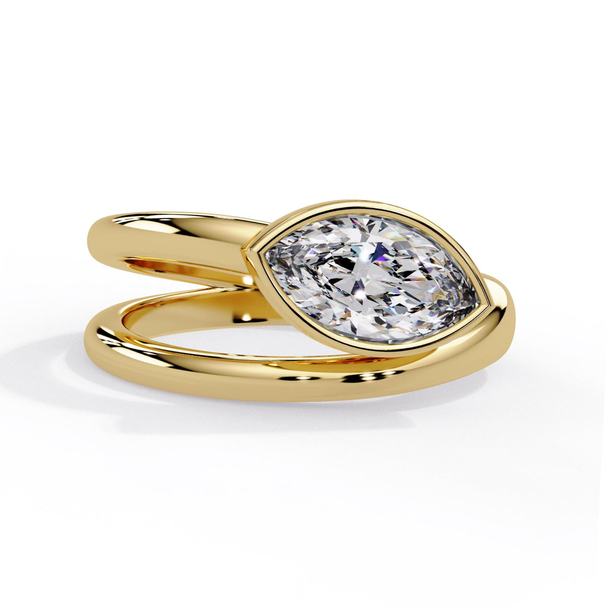 1 CT lab-grown marquise diamond ring / east-west bezel setting / 14K yellow gold bypass band / modern engagement ring
