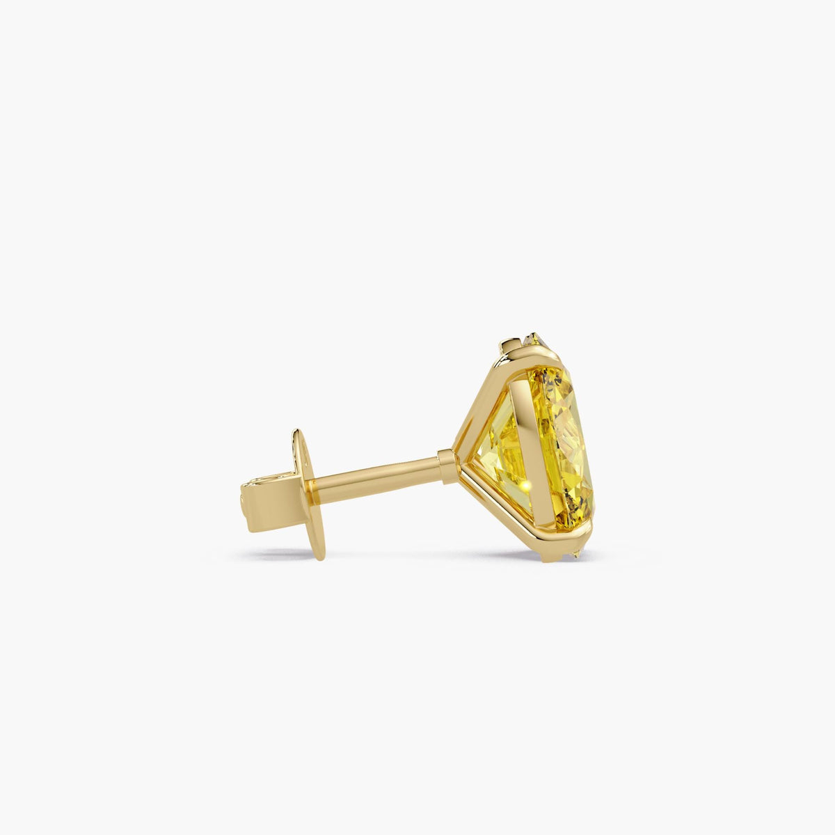 Oval fancy intense yellow lab grown diamond stud earring in 14K yellow gold with an open claw basket, straight post and pushback closure.