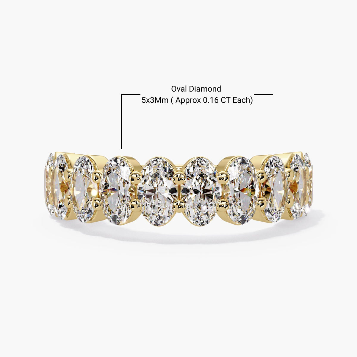 Ten oval lab grown diamonds set in a 14K yellow gold half eternity band