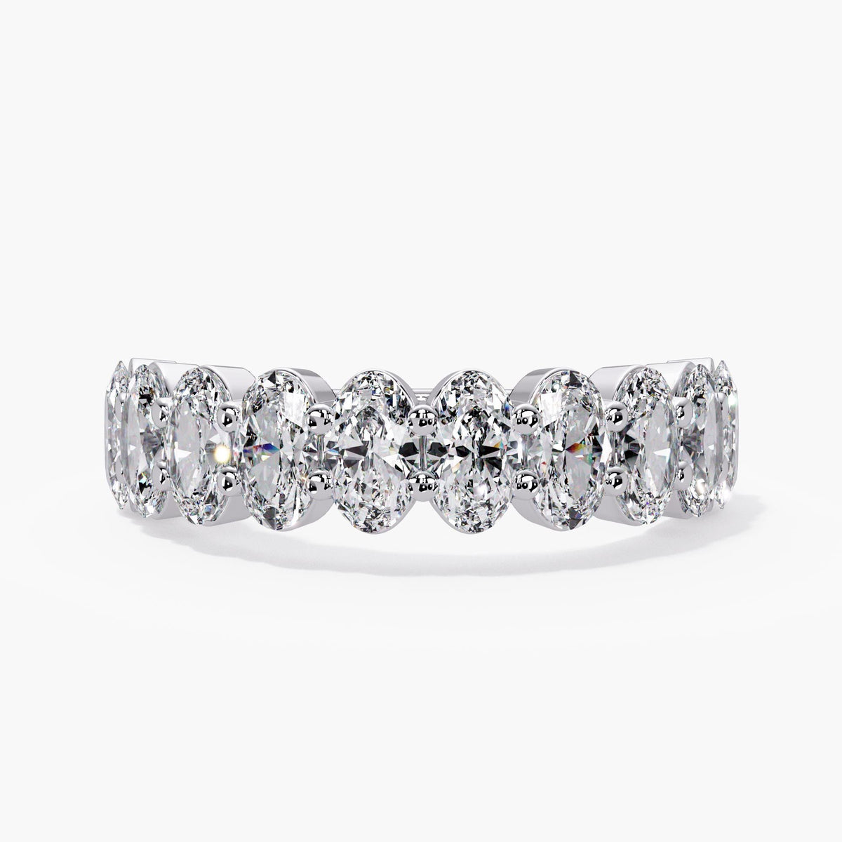 14K white gold oval diamond wedding band with lab grown diamonds and a low setting shared prong design