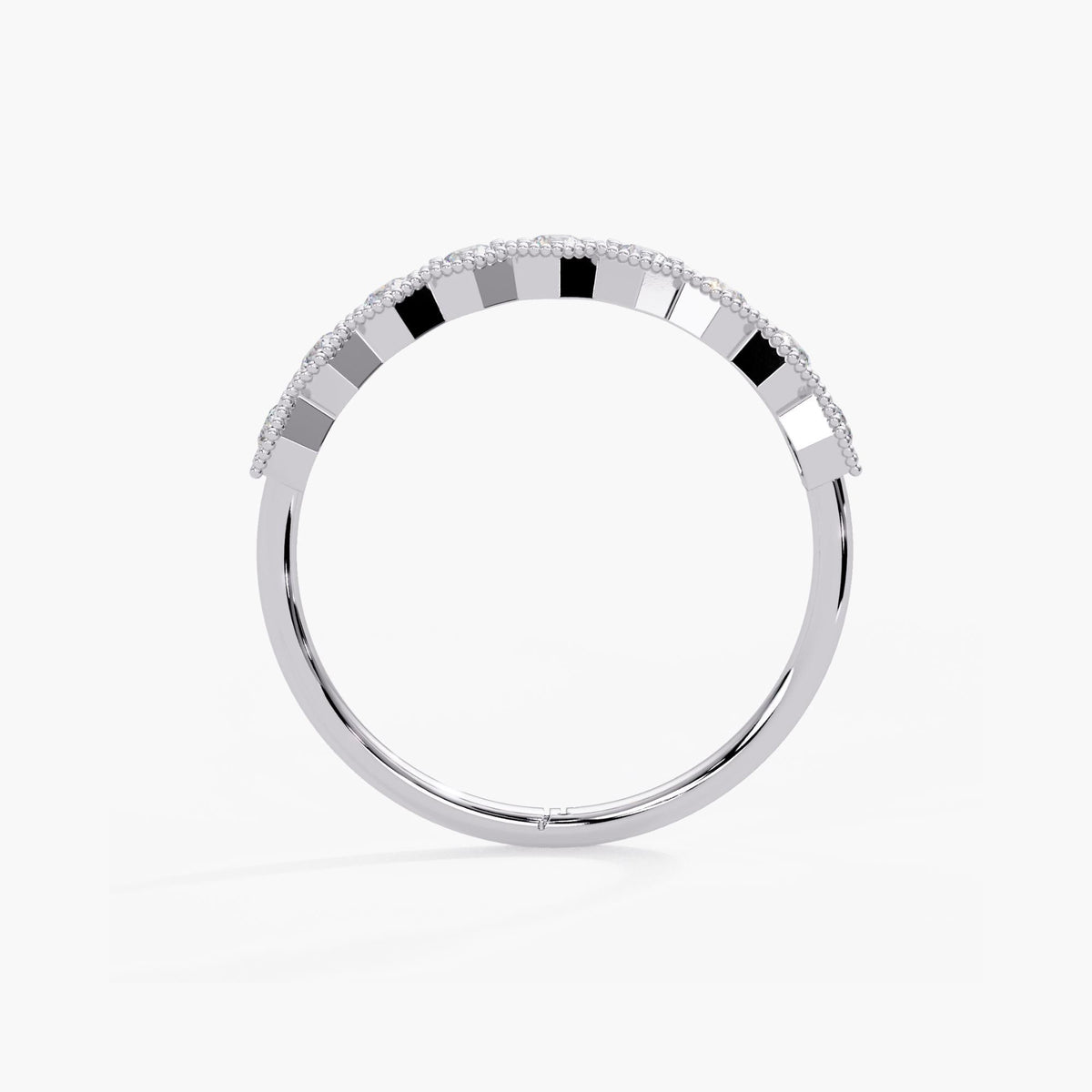 White gold natural diamond band with open settings beneath the diamond row and a polished lower shank.
