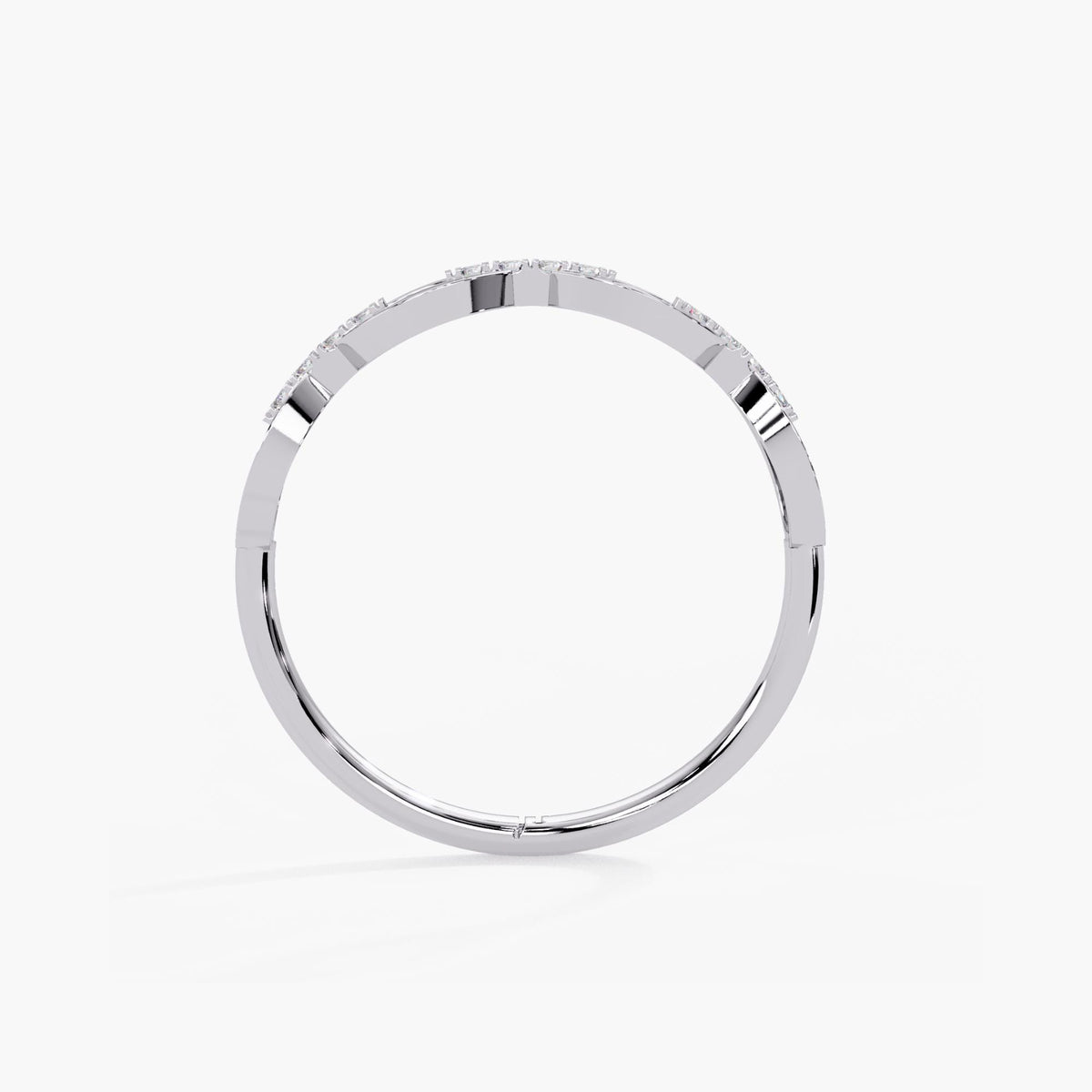 White gold open link ring with a polished lower shank and diamond-set bars connecting the decorative gold links.