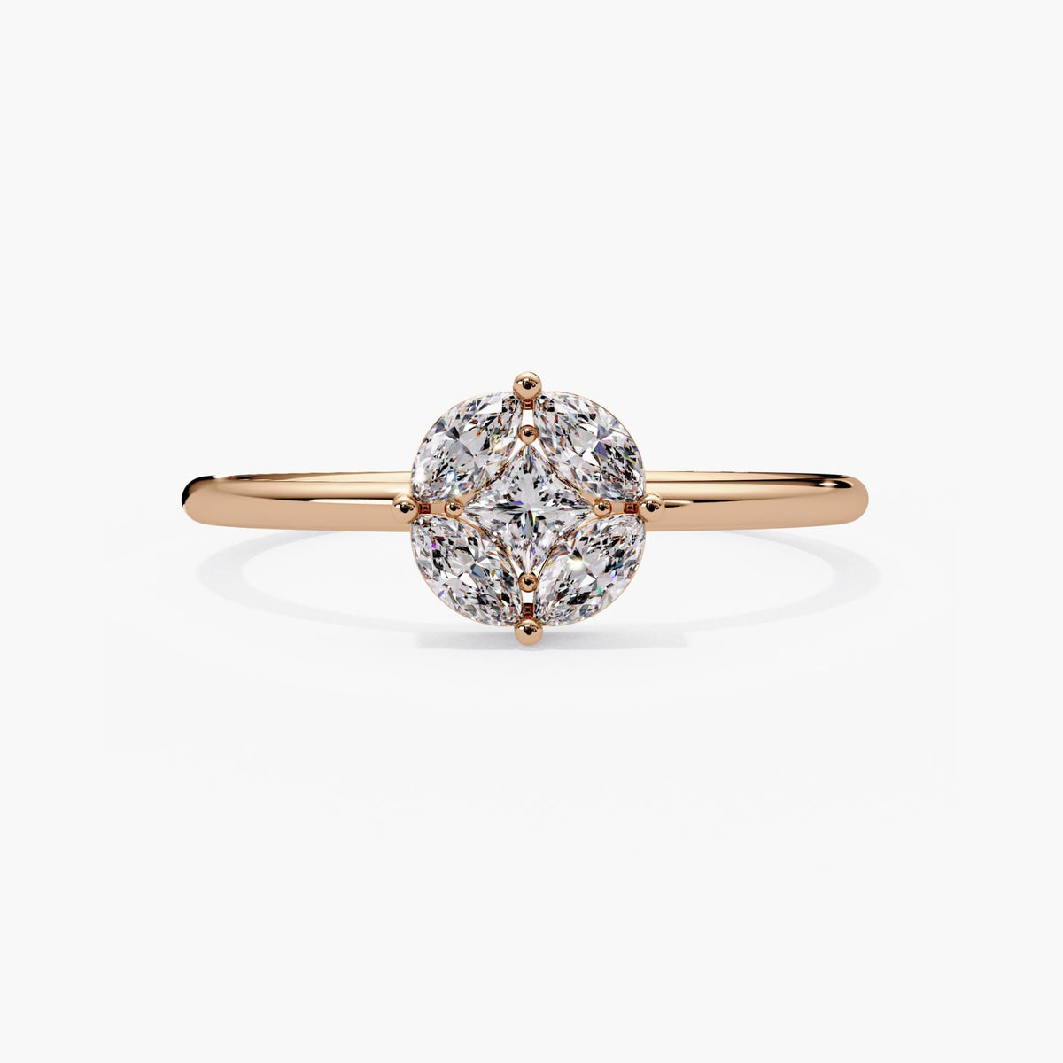 14K rose gold lab grown diamond flower ring with a princess-cut center, marquise petals and a warm polished band.