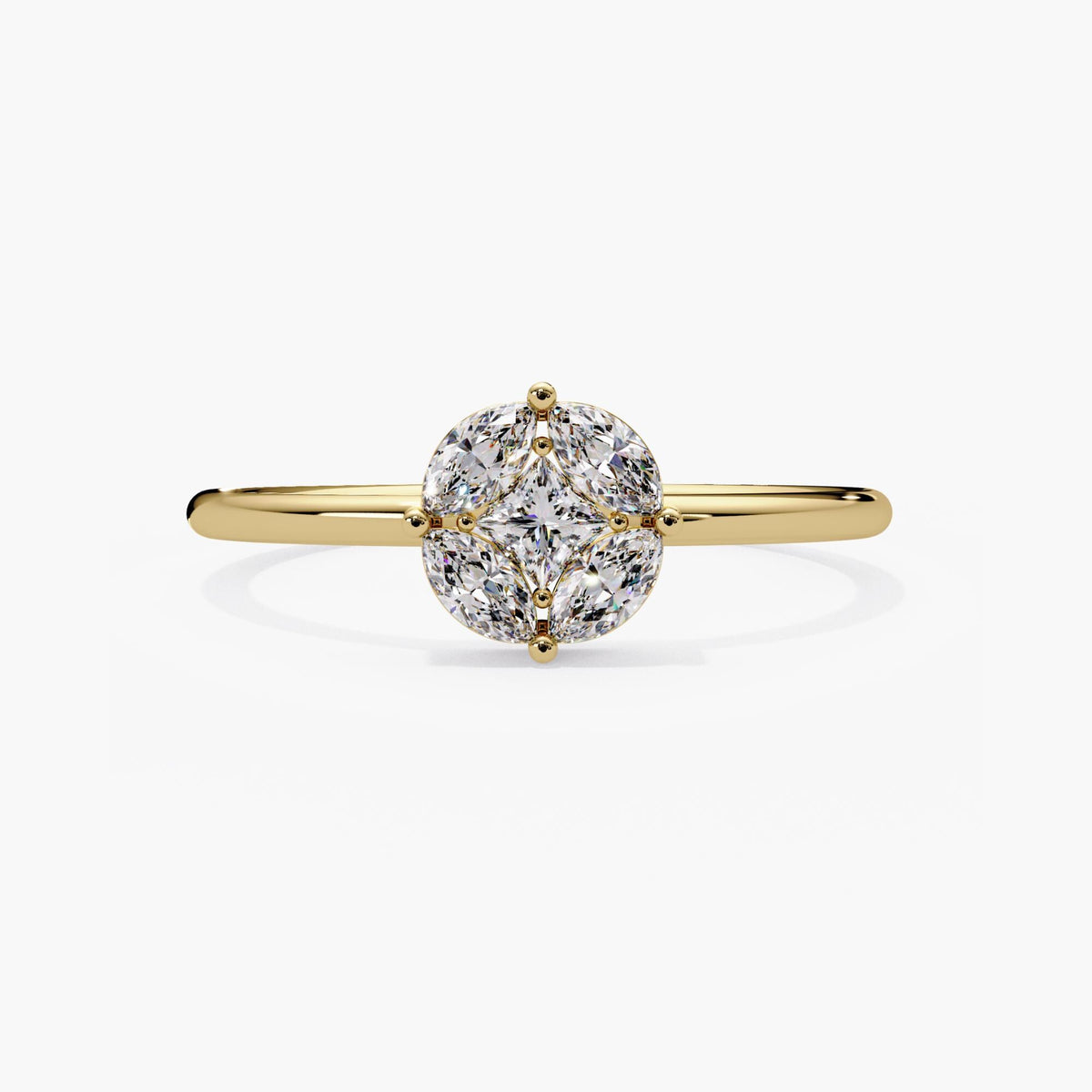 14K yellow gold lab grown diamond cluster ring with a princess-cut center surrounded by four marquise diamonds in a delicate floral arrangement.