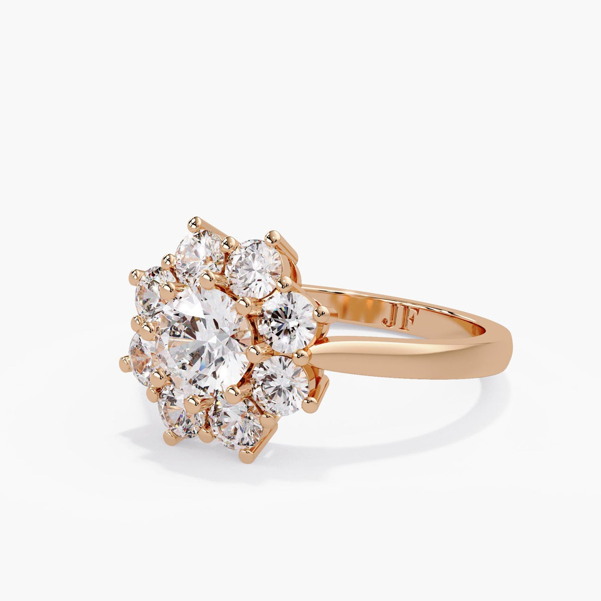 14K rose gold sunflower engagement ring with a raised lab diamond cluster, rounded prongs and a polished band bearing the Jewel Frost JF mark.