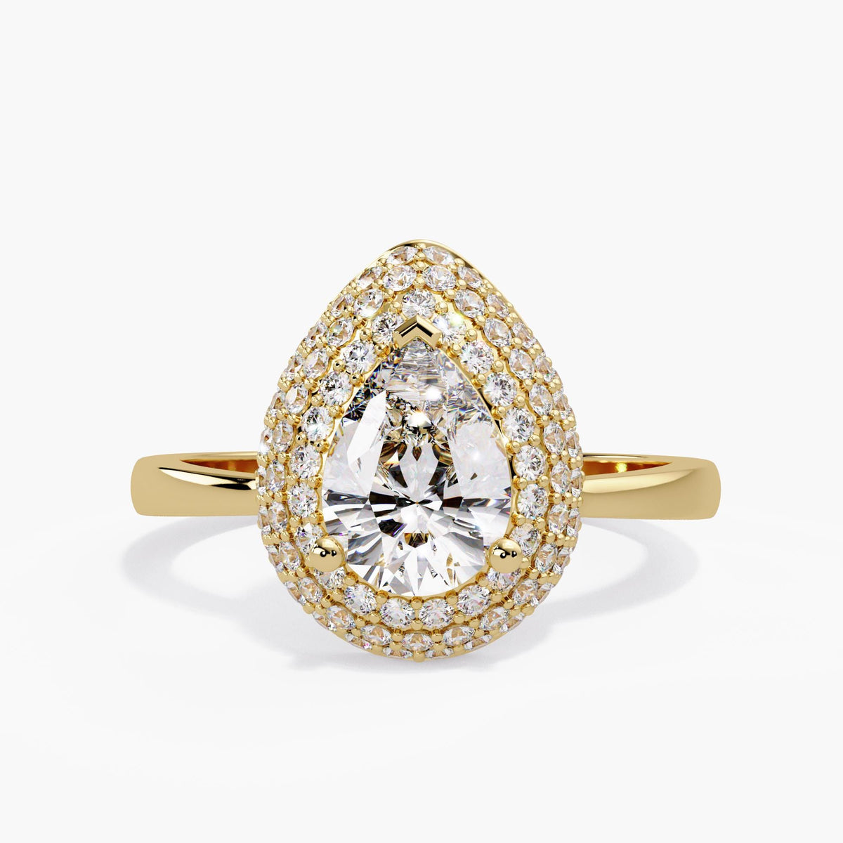 14K yellow gold pear lab grown diamond cocktail ring with a teardrop pavé halo of round brilliant diamonds, a prong-set center and a polished gold band.