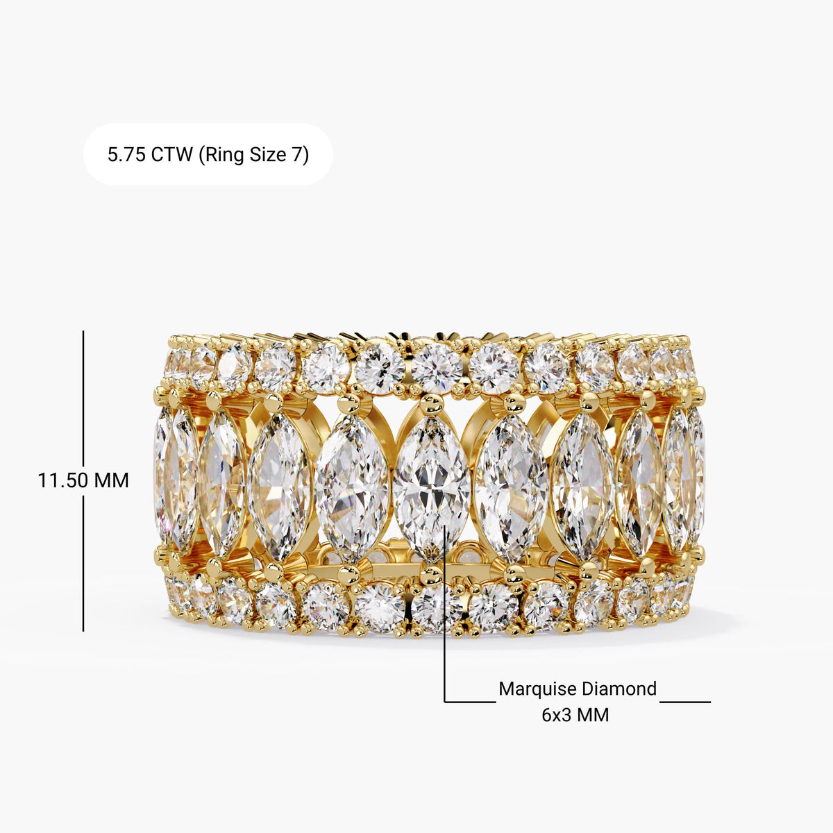 14K yellow gold lab diamond band labeled 5.75 CTW for ring size 7, 11.5 mm wide, and 6 × 3 mm marquise diamonds. Two rows of round diamonds frame the marquise row.