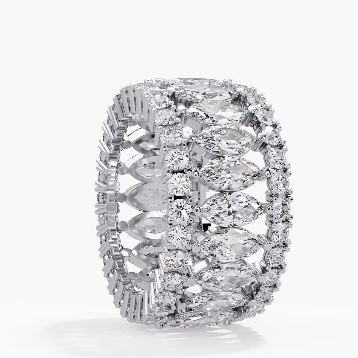 14K white gold lab diamond cigar band tilted to show the marquise and round diamond rows, individual prongs and open settings along the inside of the wide ring.