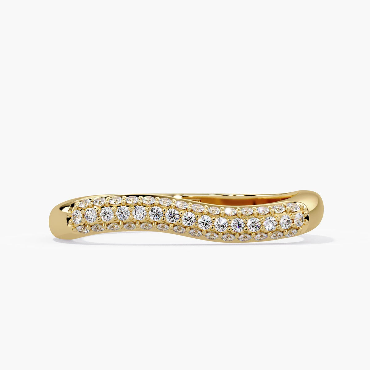 14K solid yellow gold natural diamond wave ring with three rows of round brilliant diamonds following the gently curved front of a slim band.