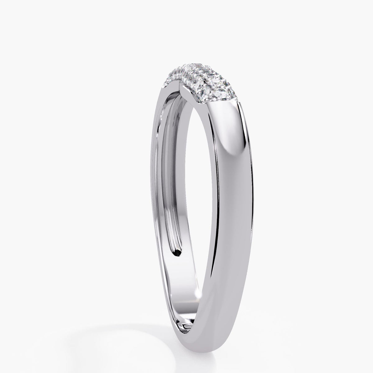 14K white gold natural diamond ring standing on edge, showing the smooth polished shank, rounded shoulders and pavé diamonds across the raised top.