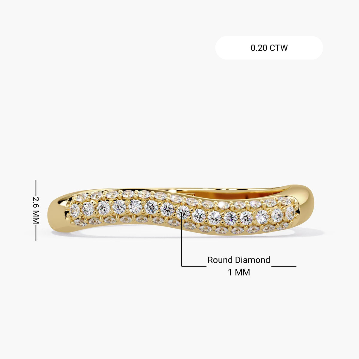 Yellow gold natural diamond pavé ring with labels showing a 2.6 mm band width and 1 mm round diamonds arranged in three rows across the wavy front.