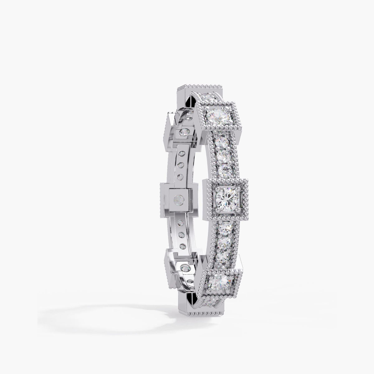 Stackable lab diamond eternity band in 14K solid white gold, tilted to show its continuous geometric pattern, fine beaded borders and openings beneath the round diamonds.