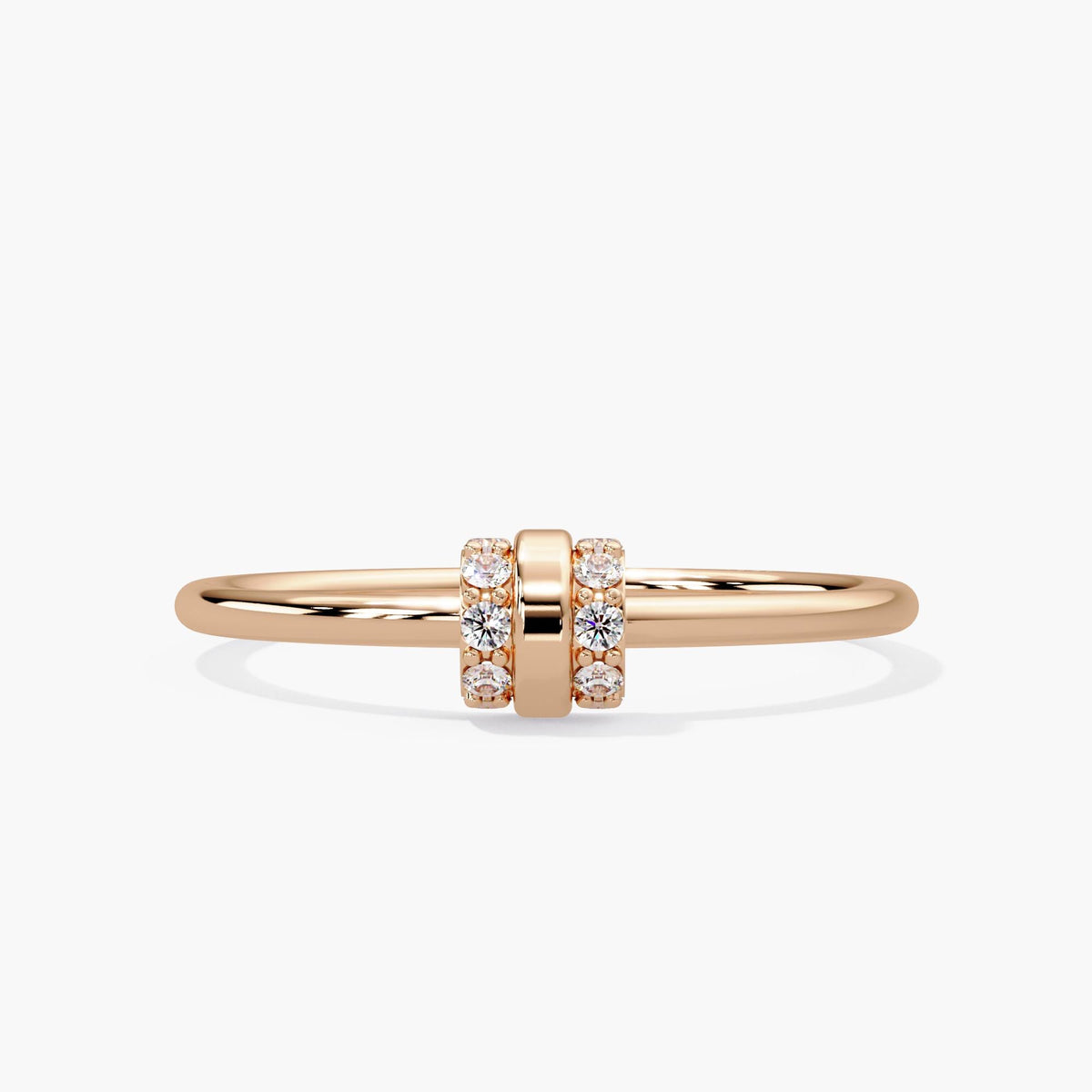 14K rose gold double bar pavé diamond ring with ten round diamonds and a polished centre bar