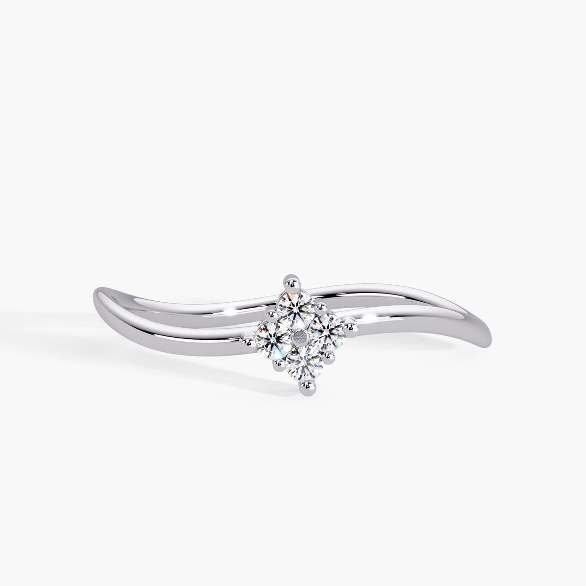 14K white gold curved wave ring with four round diamonds set in a flower diamond cluster