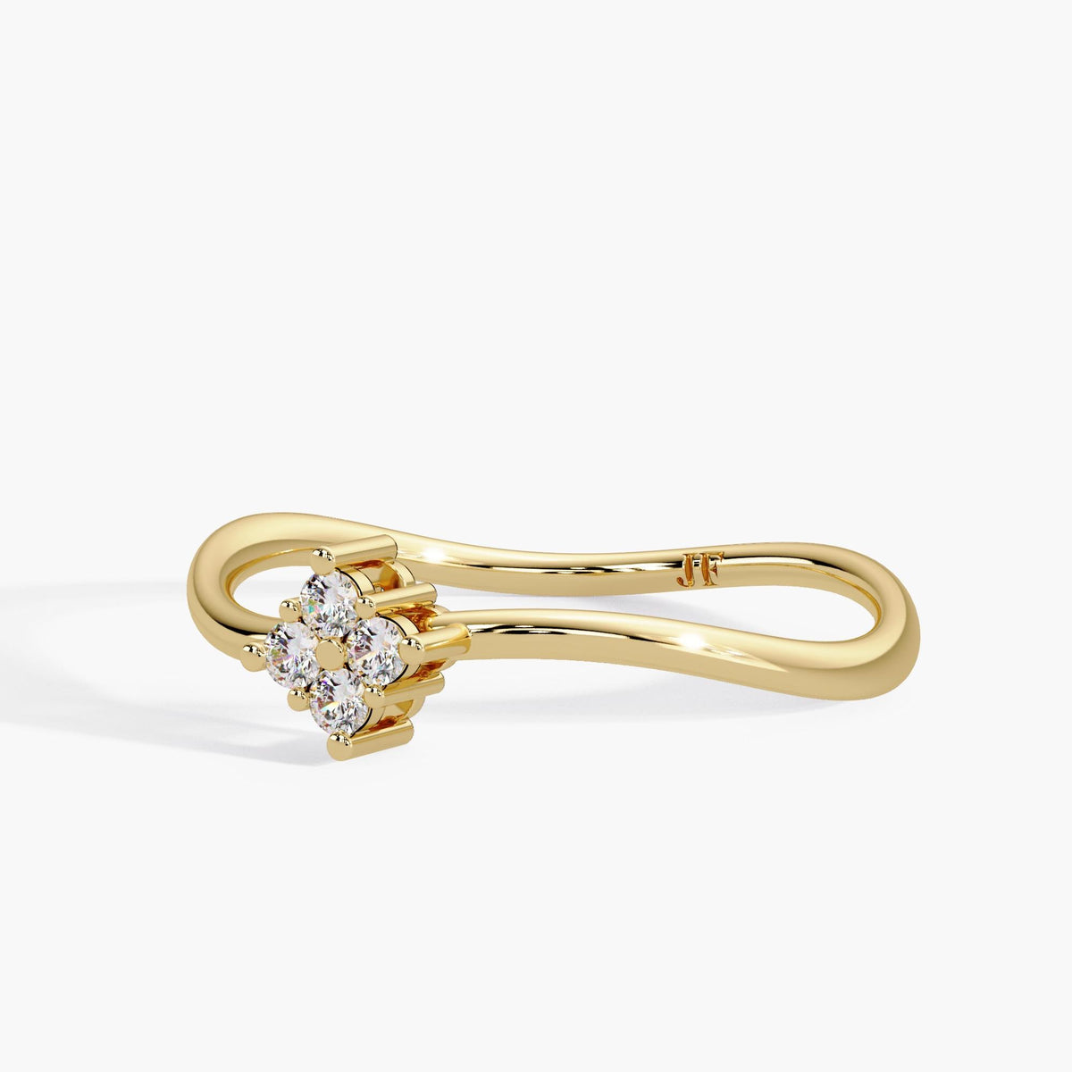 14K yellow gold curved wave ring with four round diamonds set in a clover cluster