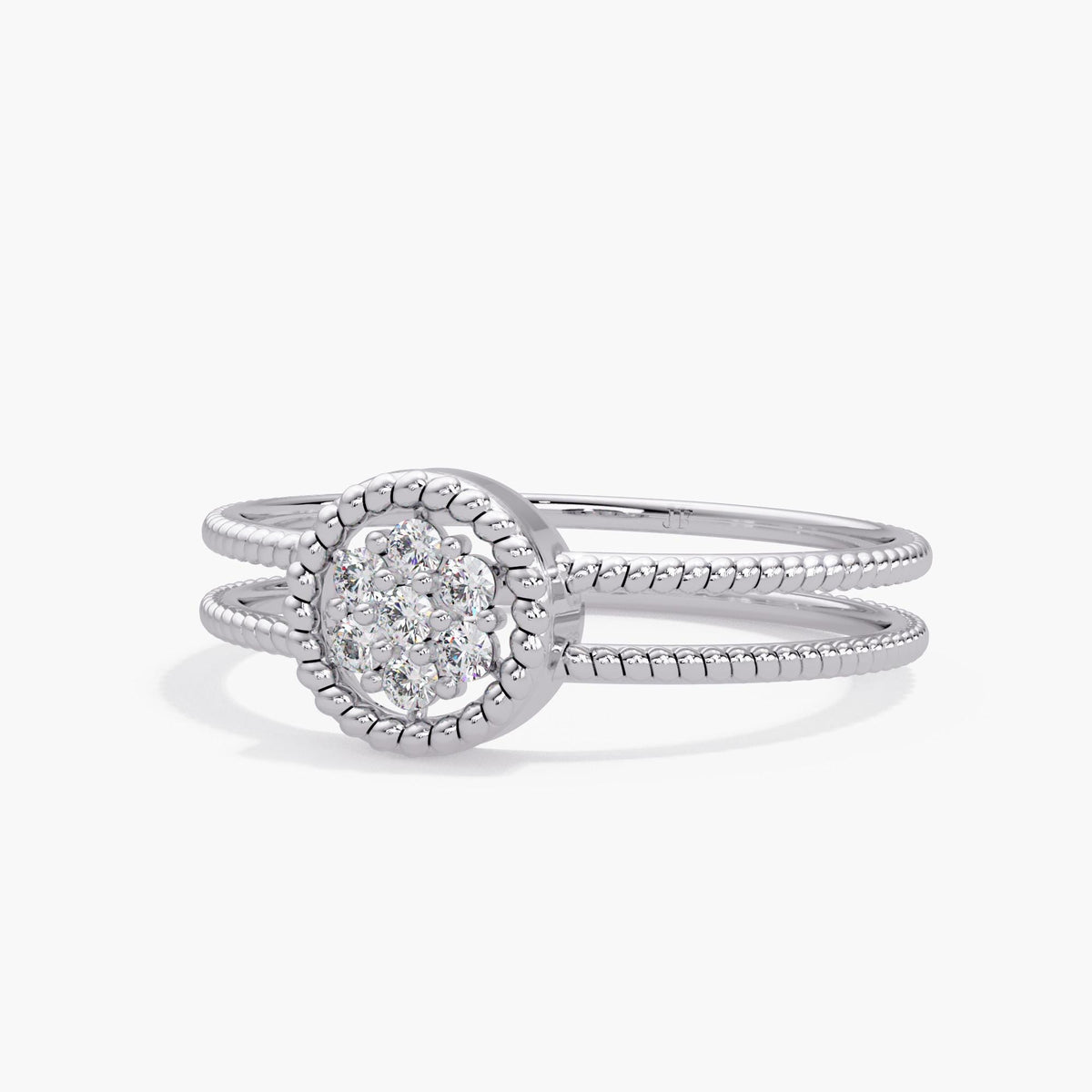14K white gold ring with seven round diamonds set in a beaded halo