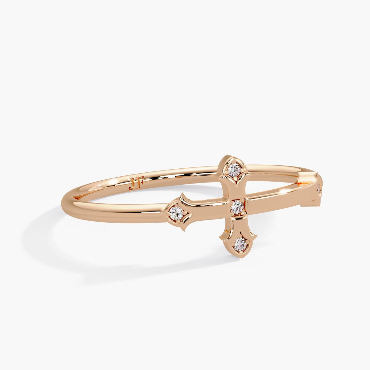 Dainty 14K rose gold diamond cross ring with five round diamonds