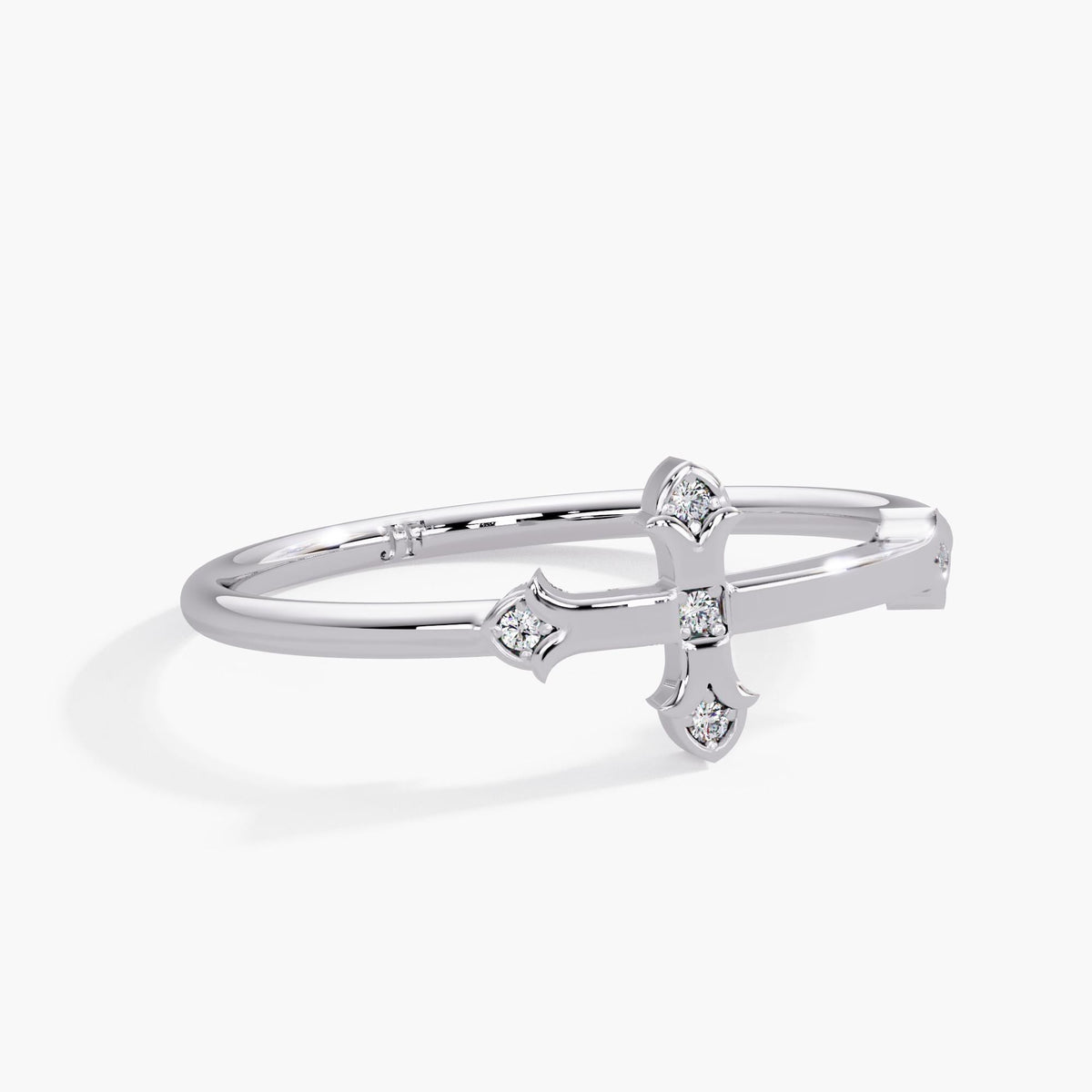 Minimalist 14K white gold sideways cross ring on a 1.3 mm band