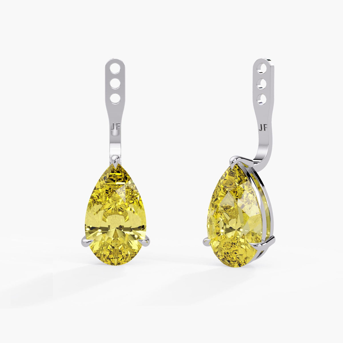 Fancy yellow lab grown diamond earring jackets in 14K white gold, featuring pear shaped diamonds held in claw prongs beneath polished adjustable attachments.