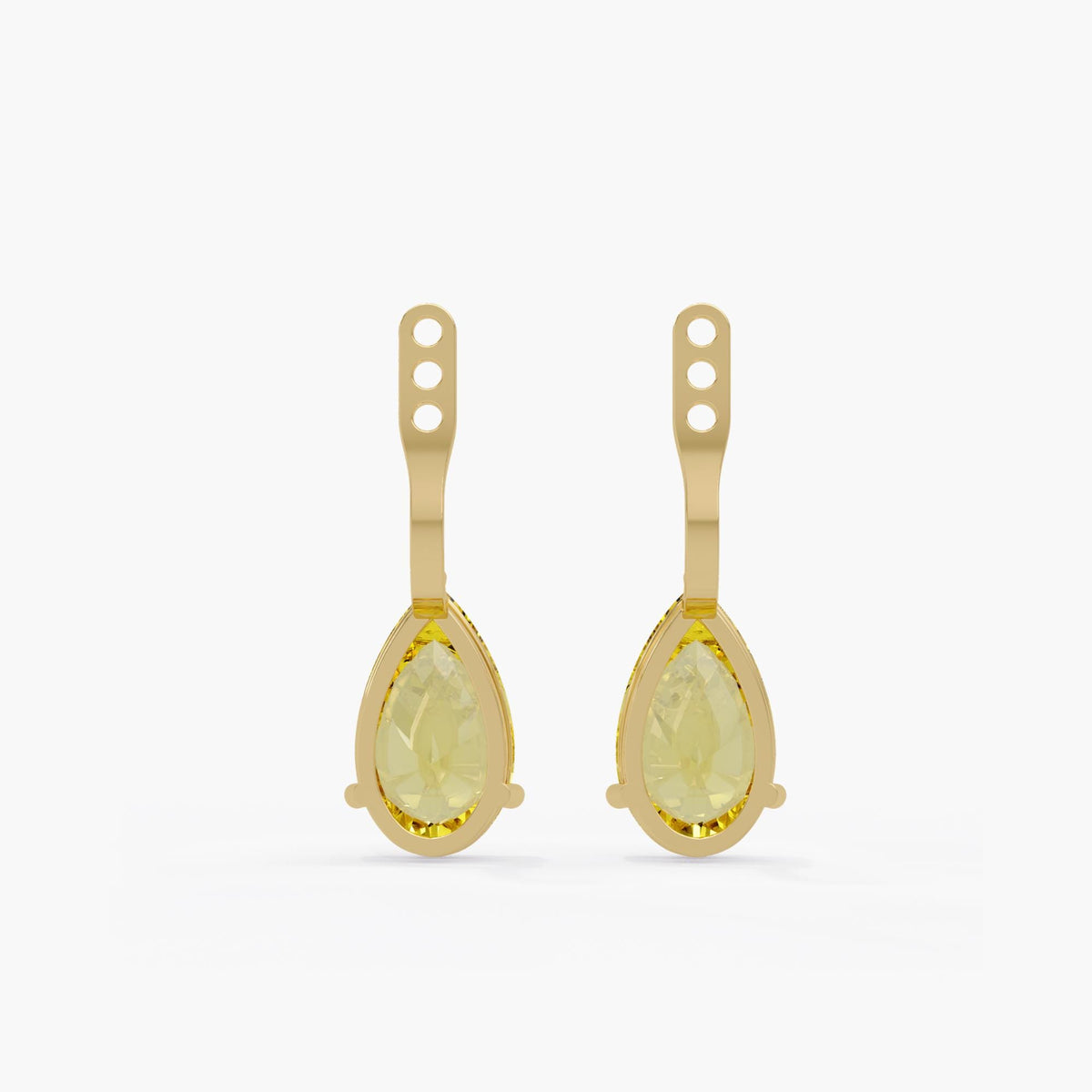 Yellow gold diamond stud jackets with pear shaped lab grown diamonds, open-backed settings and three attachment holes for adjusting the drop position.