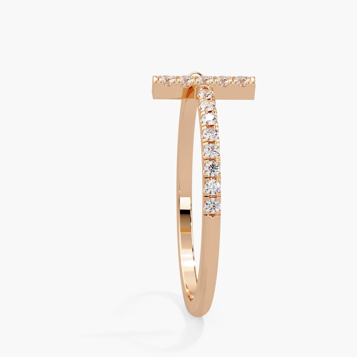 Delicate 14K rose gold line ring with thirteen 1.2 mm round diamonds