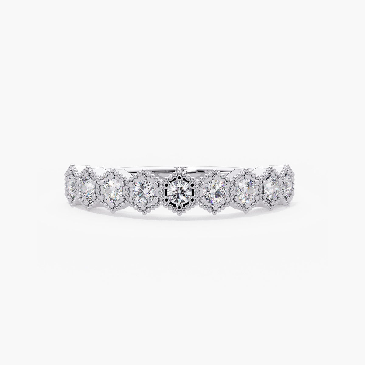 14K white gold natural diamond wedding band with round diamonds framed by hexagonal milgrain borders.