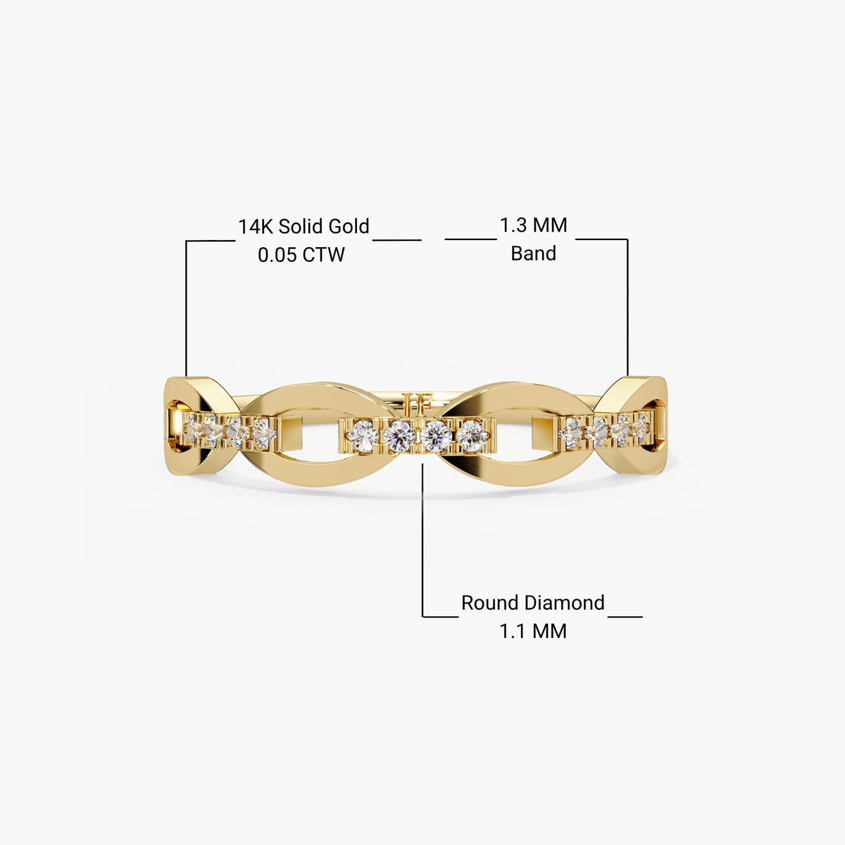 14K solid gold stacking ring with open oval links, pavé-set natural diamonds and a polished yellow gold finish.
