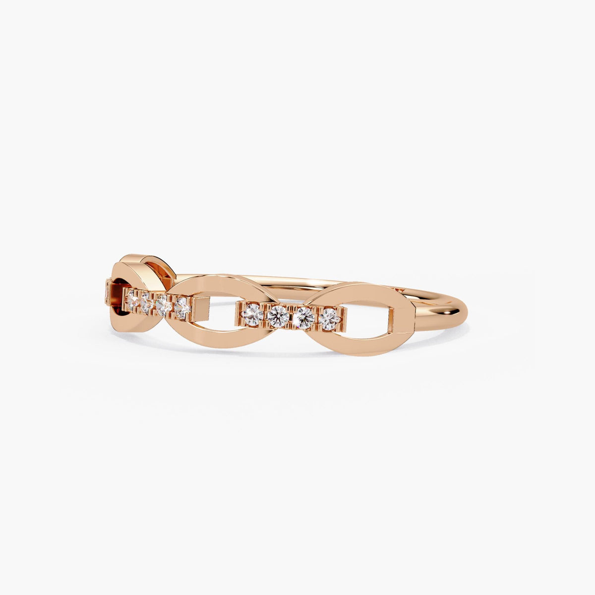 Rose gold diamond chain ring featuring an openwork oval link pattern, diamond connecting bars and a smooth stacking band.