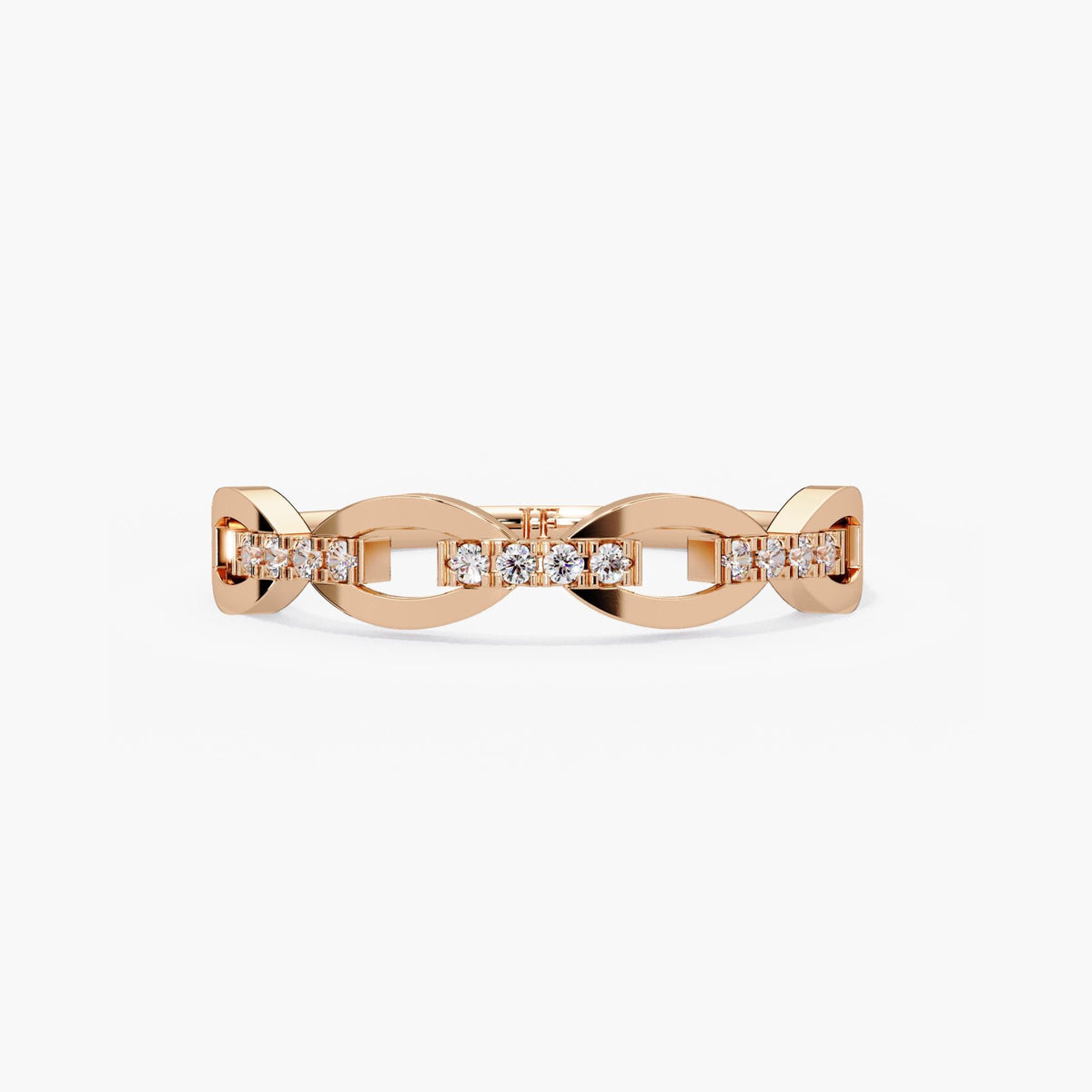 14K rose gold natural diamond link ring with warm polished oval links and delicate pavé diamond accents.