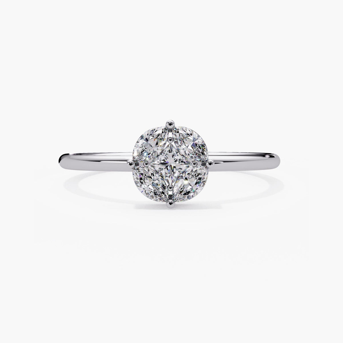 14K white gold lab grown diamond cluster ring with four marquise diamonds framing a princess-cut center.