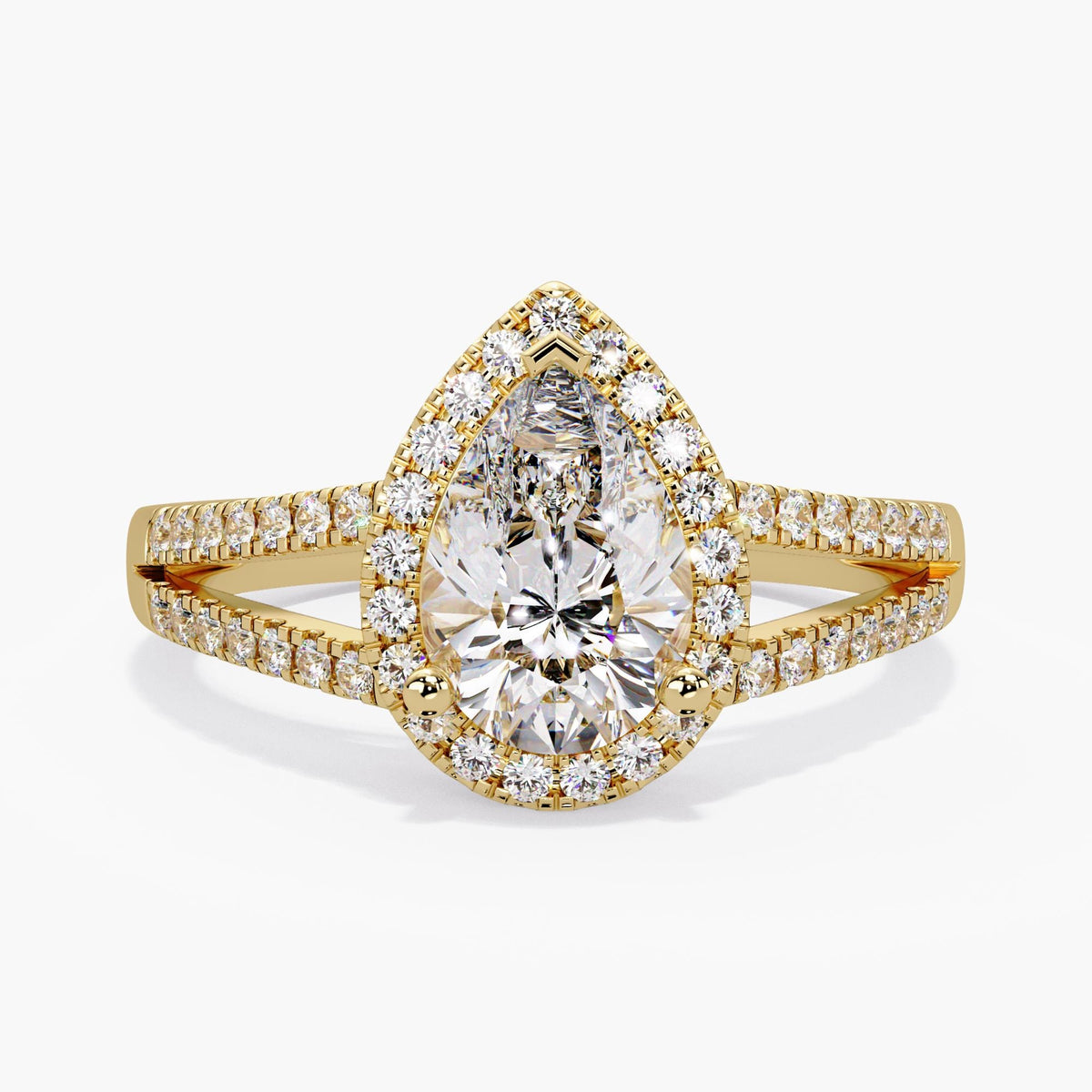 14K yellow Gold Pear Cut Lab Diamond Engagement Ring: Vintage Style Split Shank Halo Bridal Ring