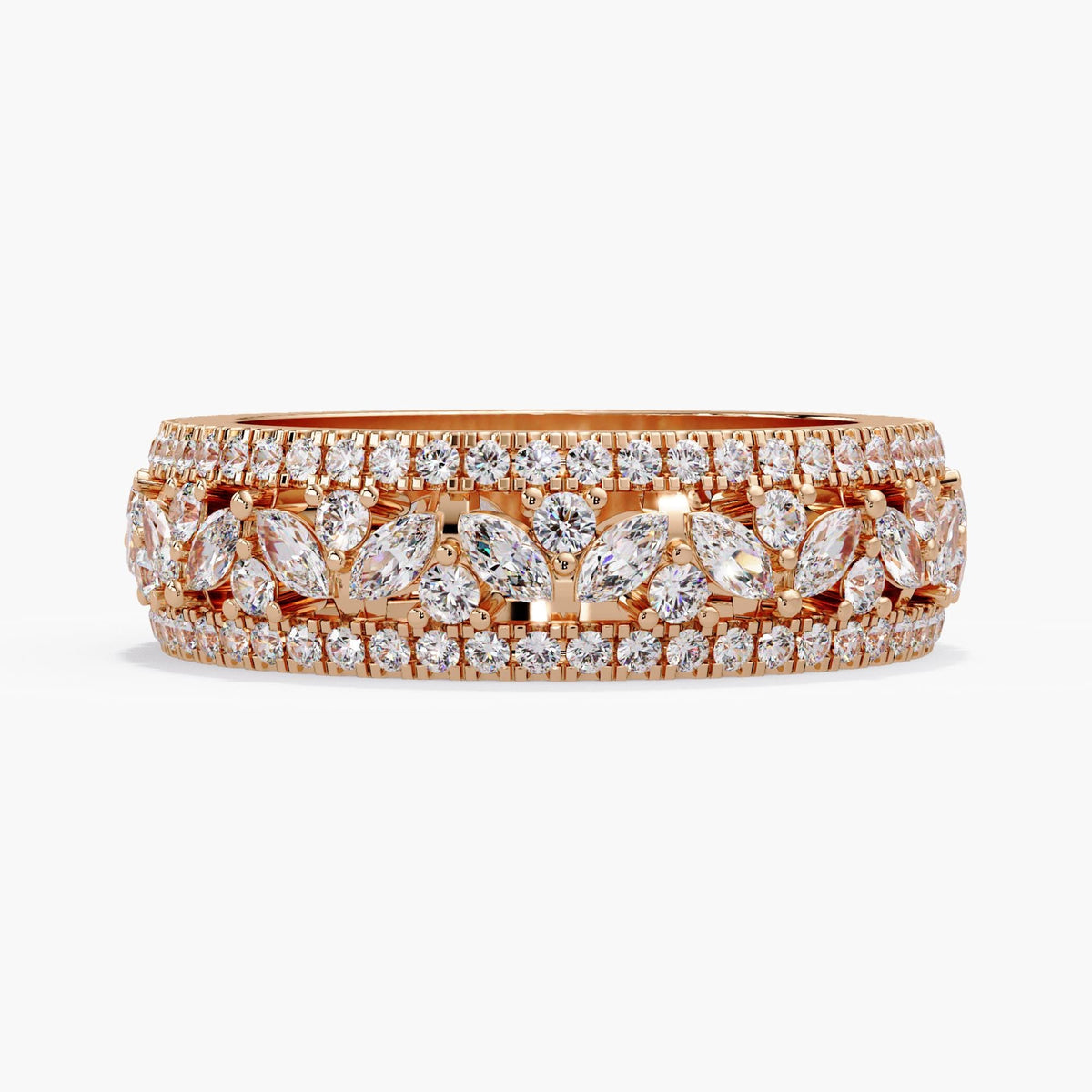 Marquise Diamond Band, Triple Row Diamond Ring, 14K Gold Wide Eternity Diamond Anniversary Band