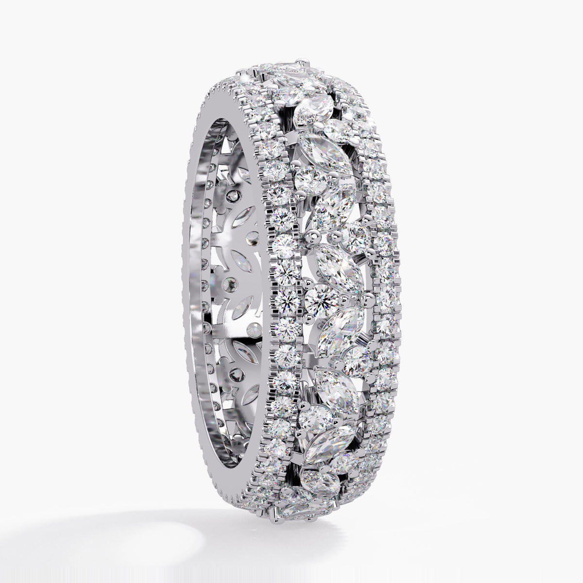 Marquise Diamond Band, Triple Row Diamond Ring, 14K Gold Wide Eternity Diamond Anniversary Band