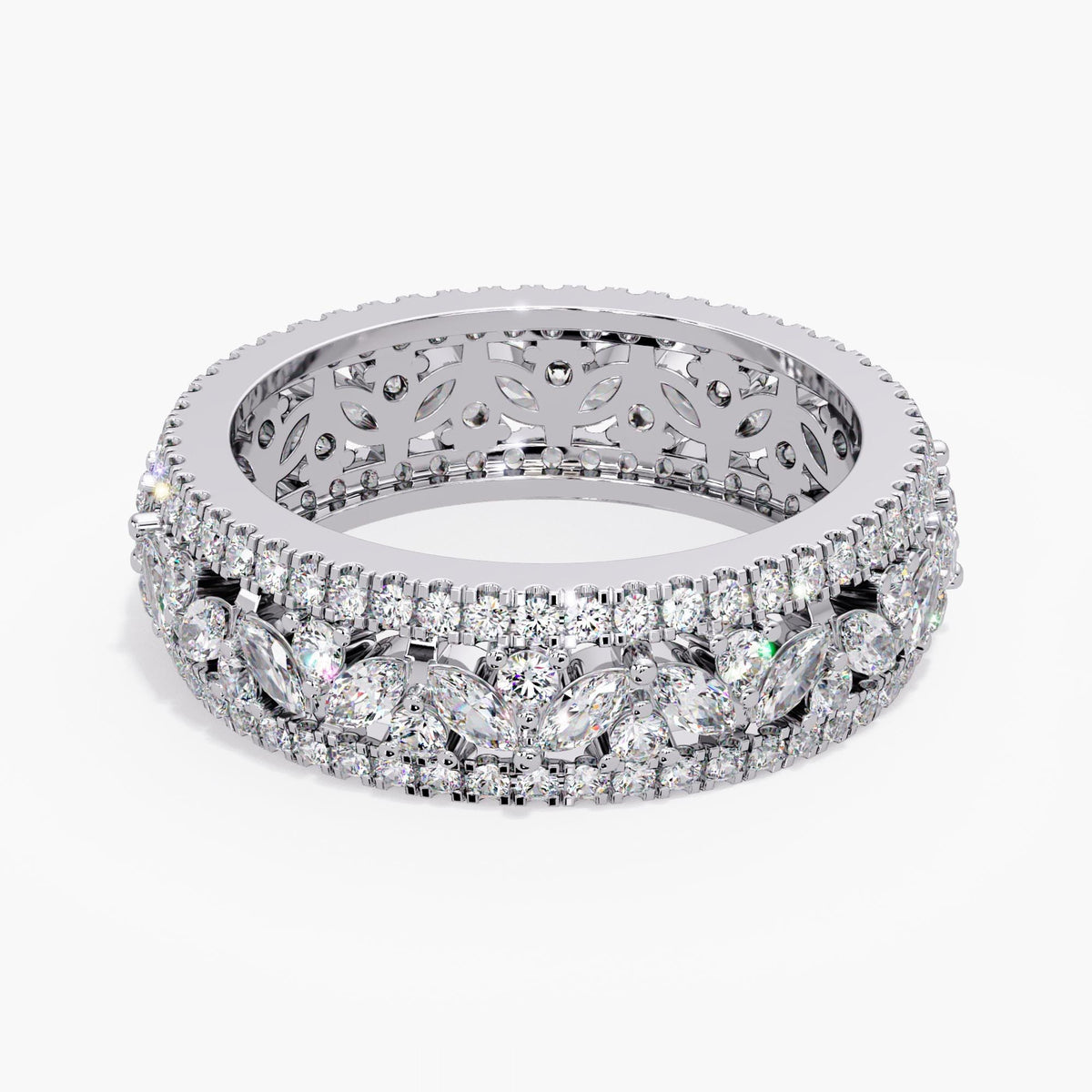 Marquise Diamond Band, Triple Row Diamond Ring, 14K Gold Wide Eternity Diamond Anniversary Band