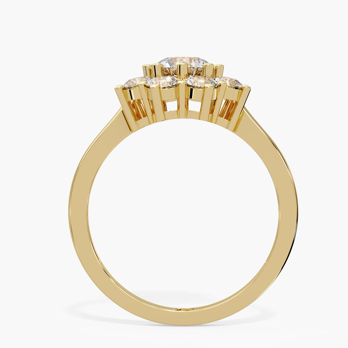 Lab grown diamond cluster ring with an open gold gallery beneath the flower halo, a raised center stone and smooth 14K yellow gold shoulders.