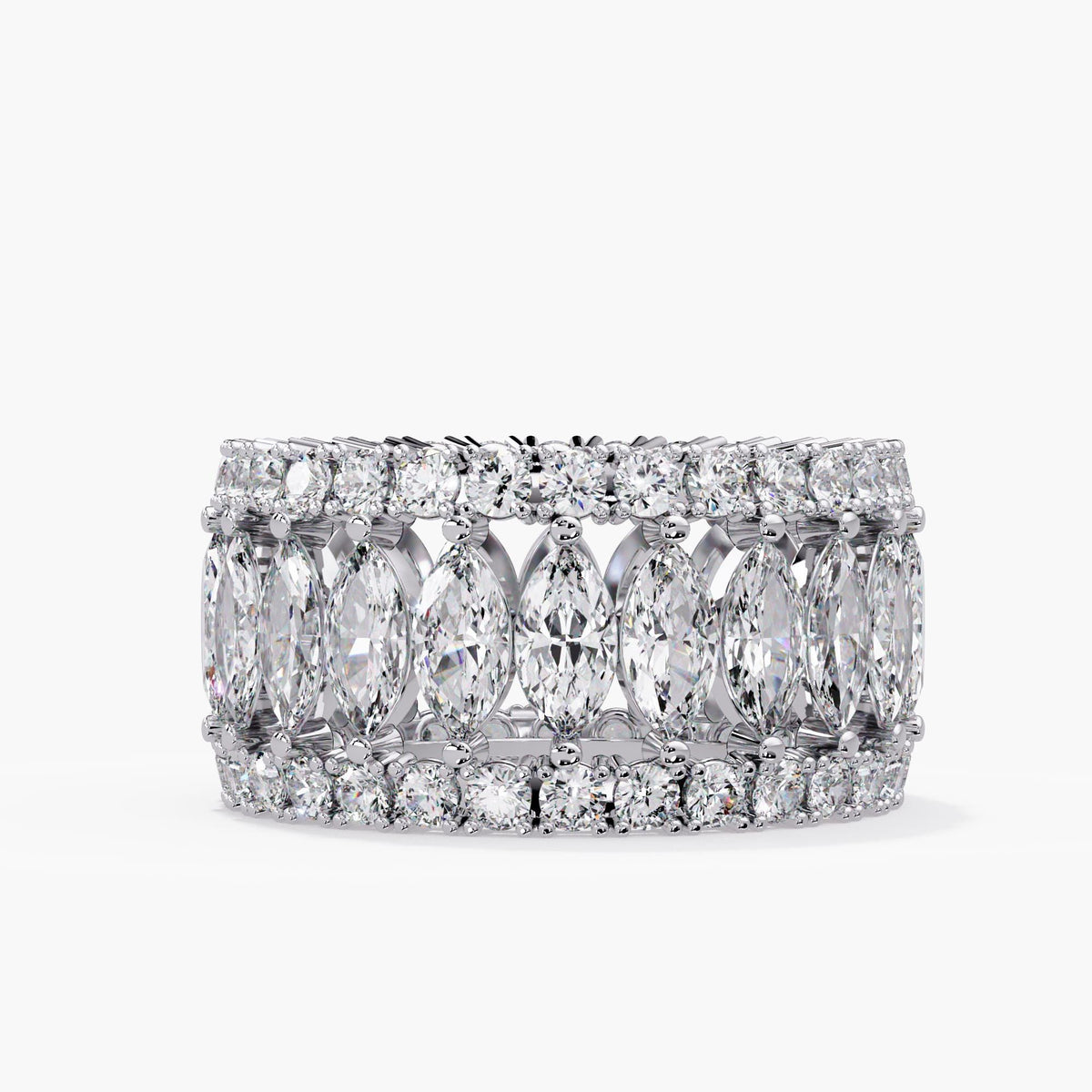 Three row anniversary ring in 14K solid white gold, featuring marquise lab grown diamonds framed by two rows of round diamonds in a wide openwork band.