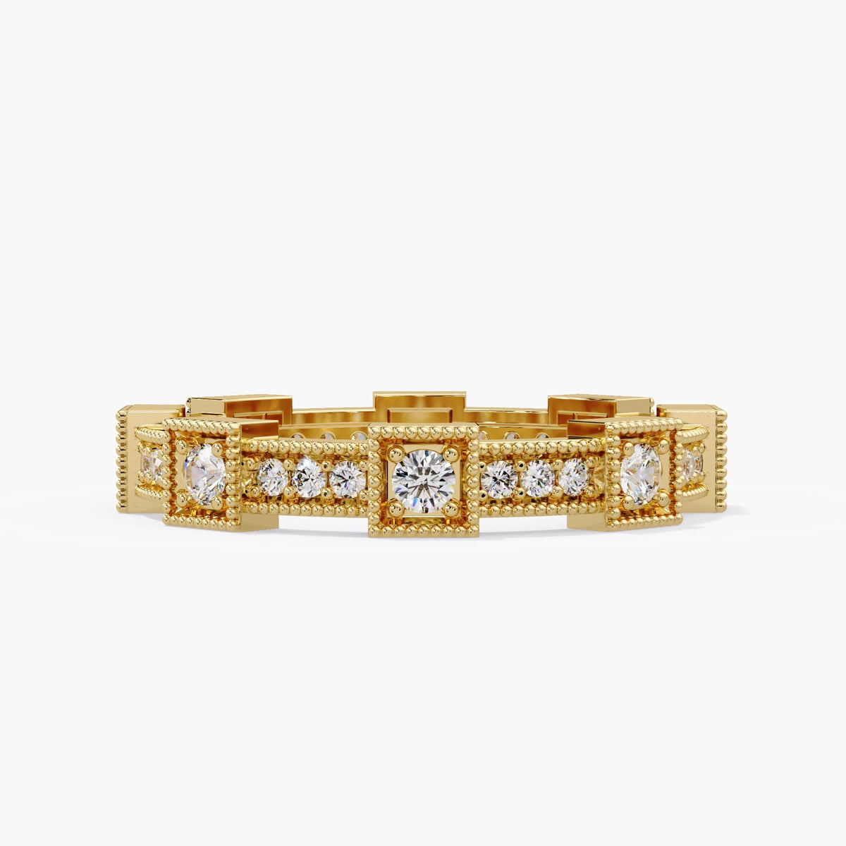 14K yellow gold lab grown diamond wedding band with larger round brilliant diamonds in square frames alternating with three smaller pavé diamonds in rectangular sections.