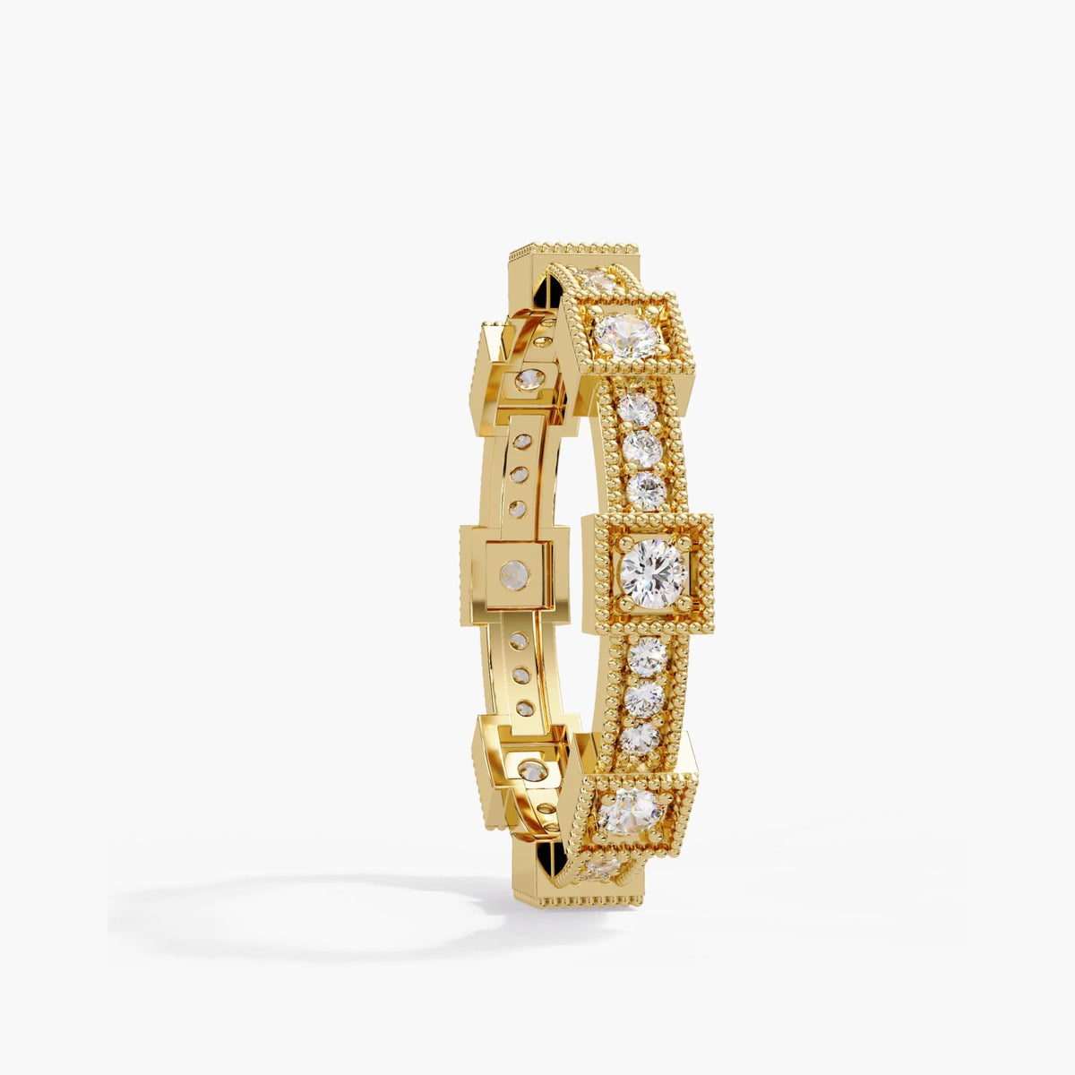 14K solid yellow gold lab diamond eternity ring standing at an angle, showing round diamonds encircling the band, beaded square frames and openings beneath the settings.