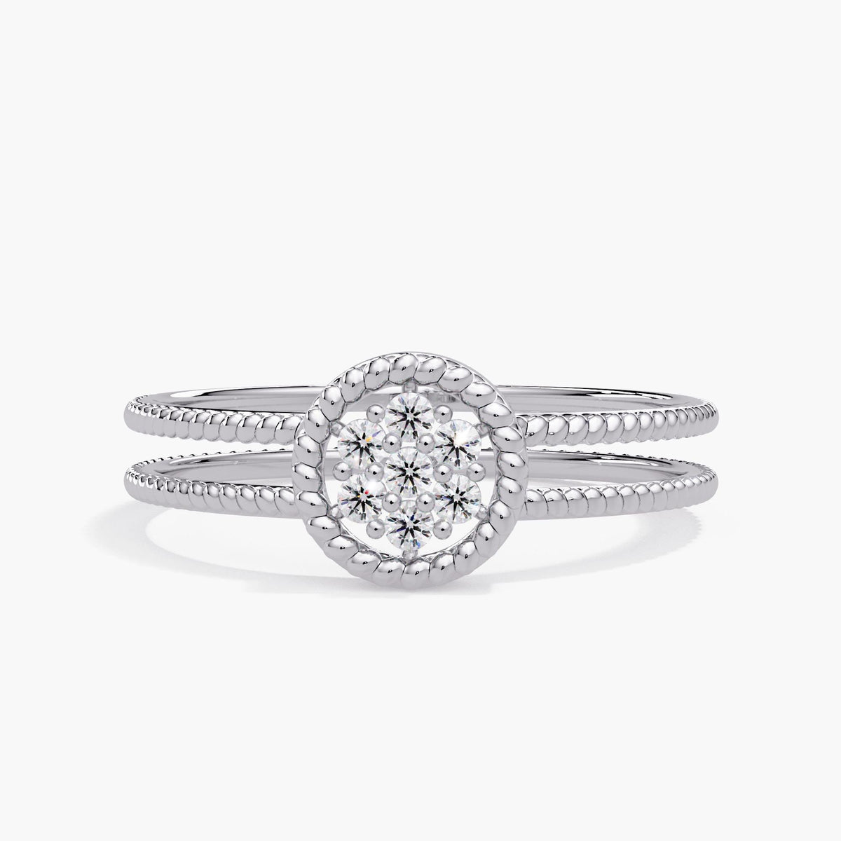 14K white gold ring with seven round diamonds set in a beaded halo