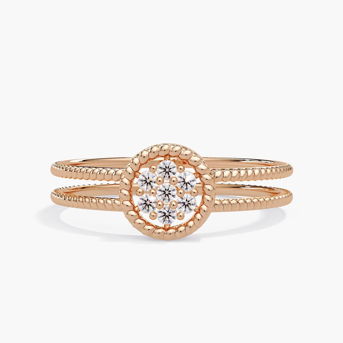 14K rose gold diamond halo ring on a split double beaded band