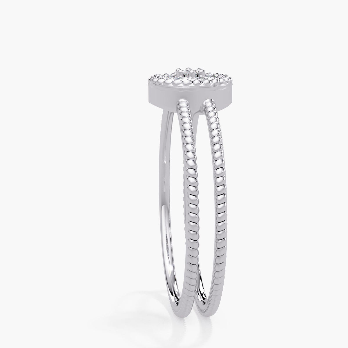14K white gold ring with seven round diamonds set in a beaded halo