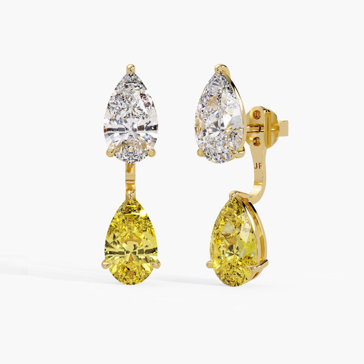 Yellow lab diamond drop jackets paired with white pear diamond studs in 14K yellow gold, creating a two-stone earring style. Studs are not included.