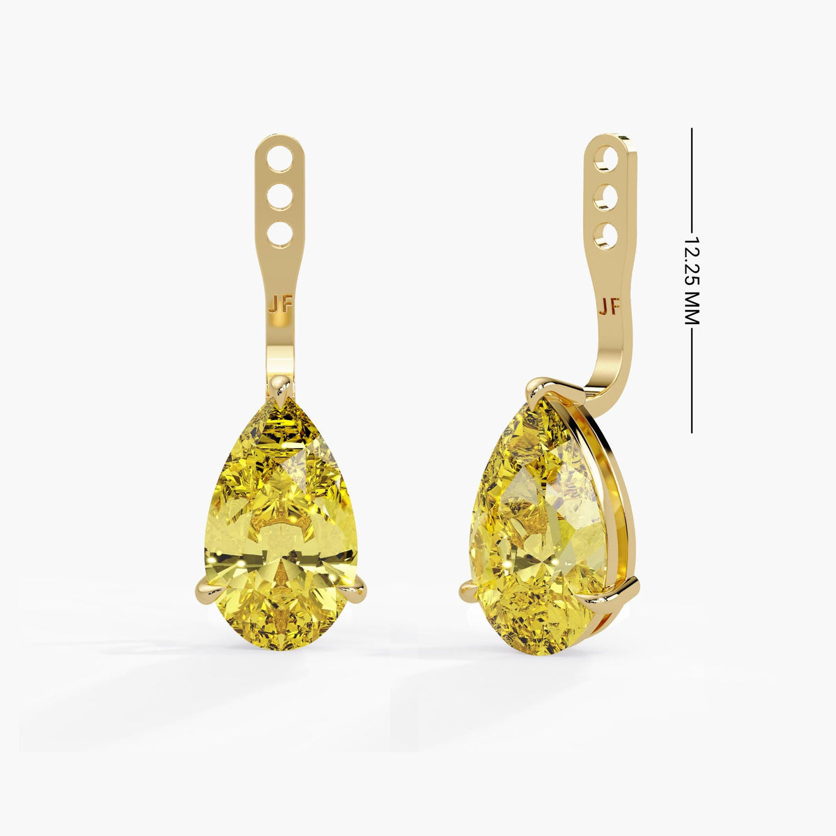 Adjustable yellow pear diamond earring jackets in 14K solid gold, with three stud-post holes and a 12.25 mm measurement marked beside the attachment.