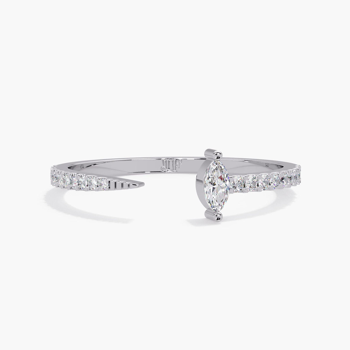 14K white gold open cuff ring with a 4 × 2 mm marquise lab diamond
