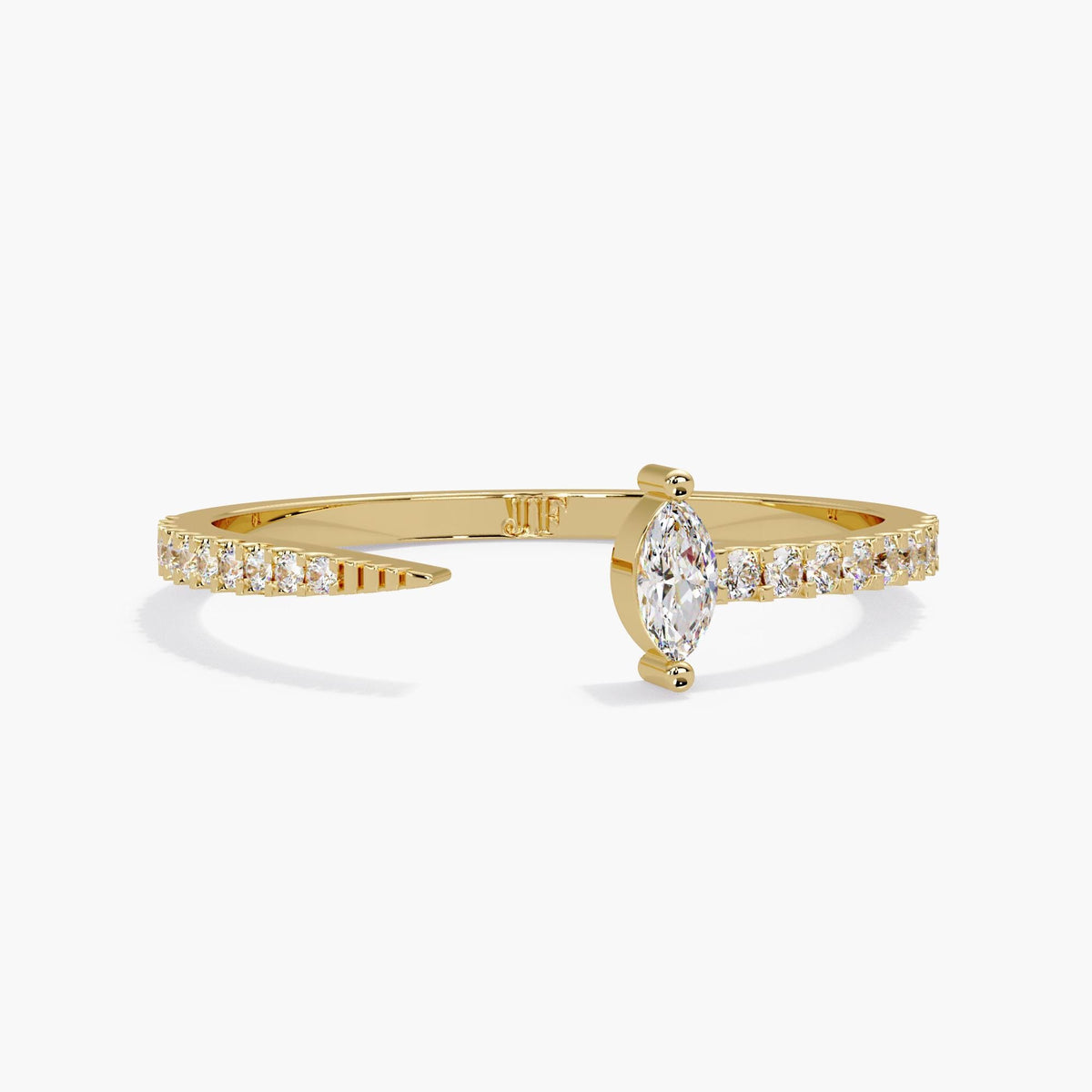 14K yellow gold open cuff ring with a 4 × 2 mm marquise lab diamond