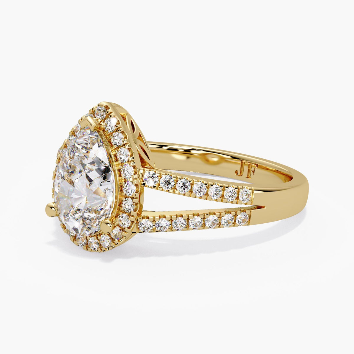 14K yellow Gold Pear Cut Lab Diamond Engagement Ring: Vintage Style Split Shank Halo Bridal Ring