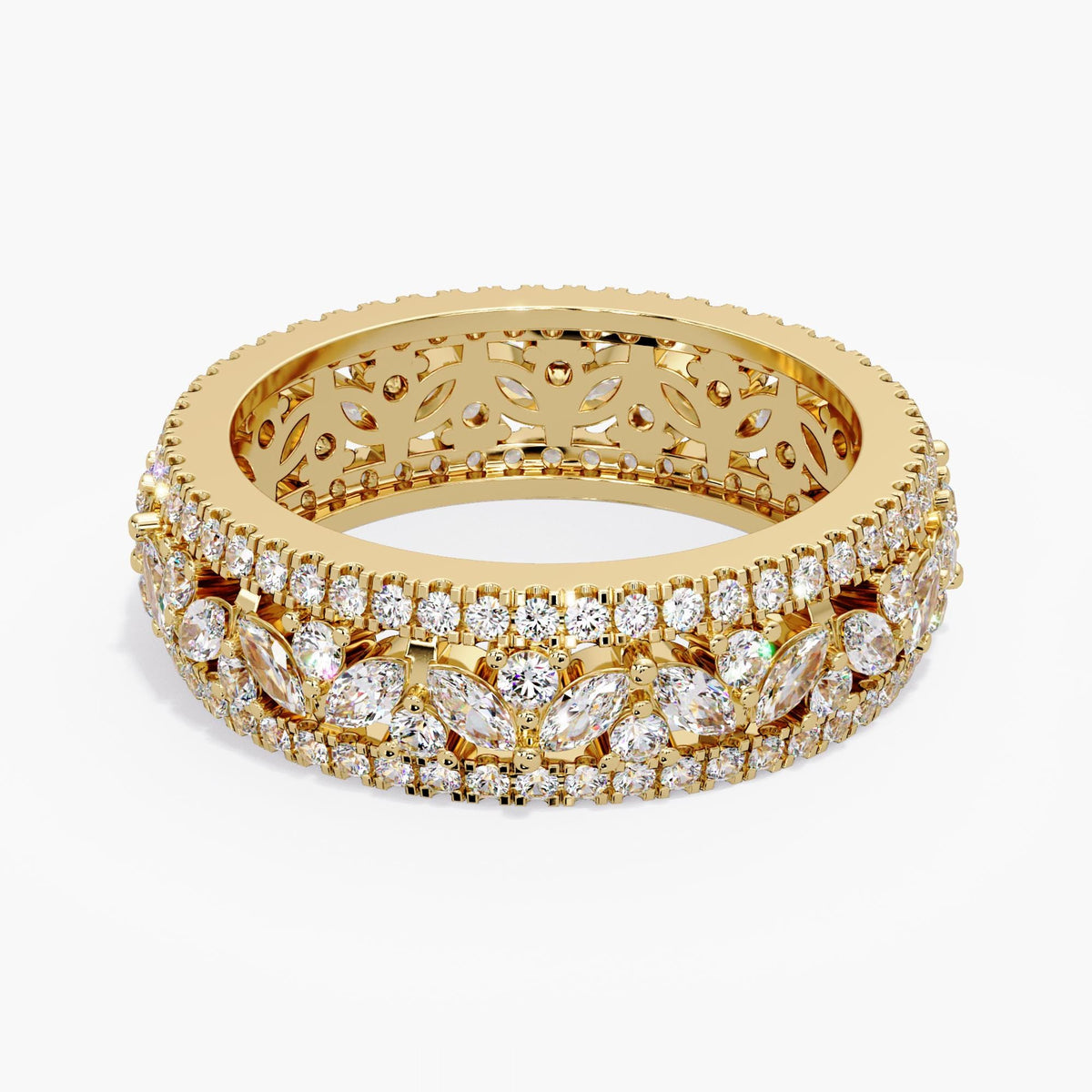 Marquise Diamond Band, Triple Row Diamond Ring, 14K Gold Wide Eternity Diamond Anniversary Band