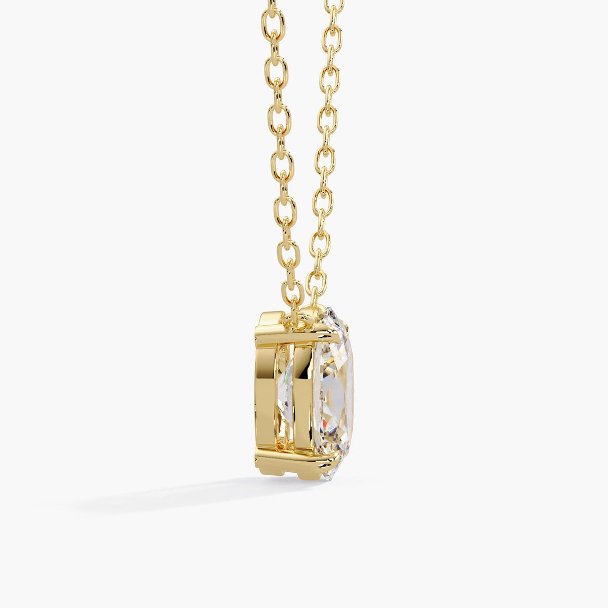 14K yellow gold diamond necklace, revealing the oval stone’s depth, open gallery and cable chain